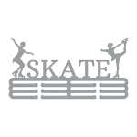 Steel medal holder with the word 'SKATE' and two female roller skaters in elegant poses. Features 12 hooks for displaying medals. Made from raw steel.